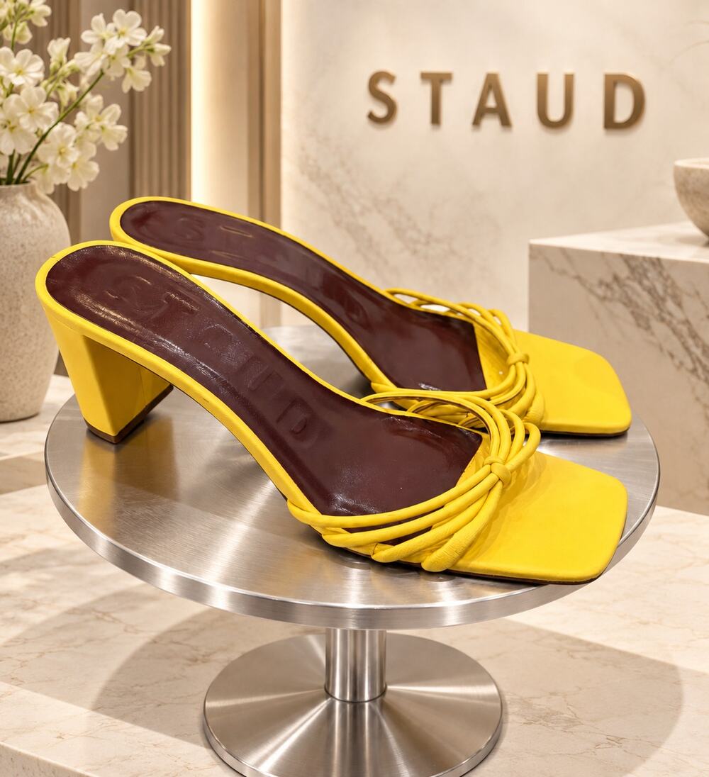 STAUD Pippa Yellow Leather Knotted Strap Block Heel Sandals EU 37.5 US 7.5